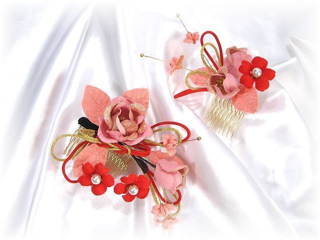 S-2012 和装髪飾り(大・小２点セット）－ピンクレッド系